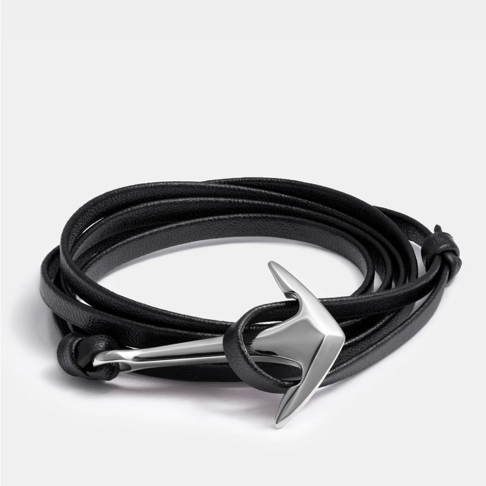 Leather Silver Anchor Bracelet for Men
